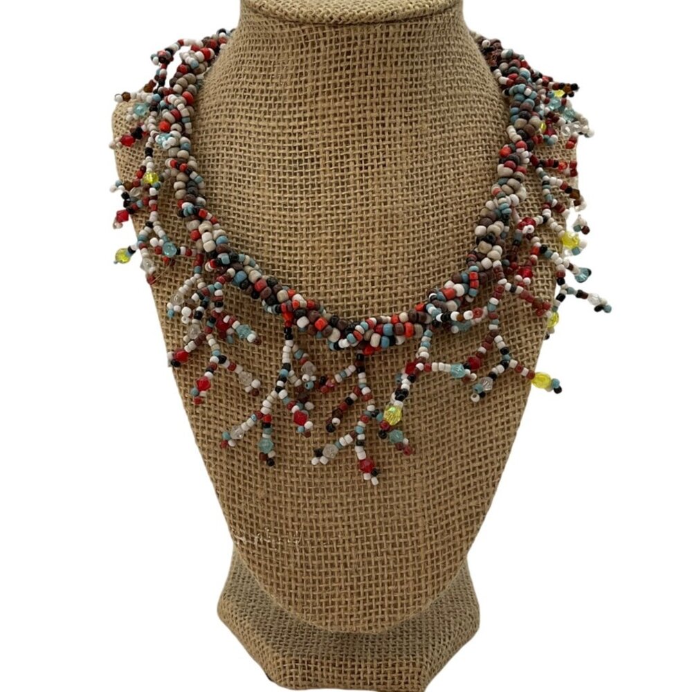 New Artisan Handcrafted Multicolor Beaded Necklace Fringe Tassel 3D Boho Tribal